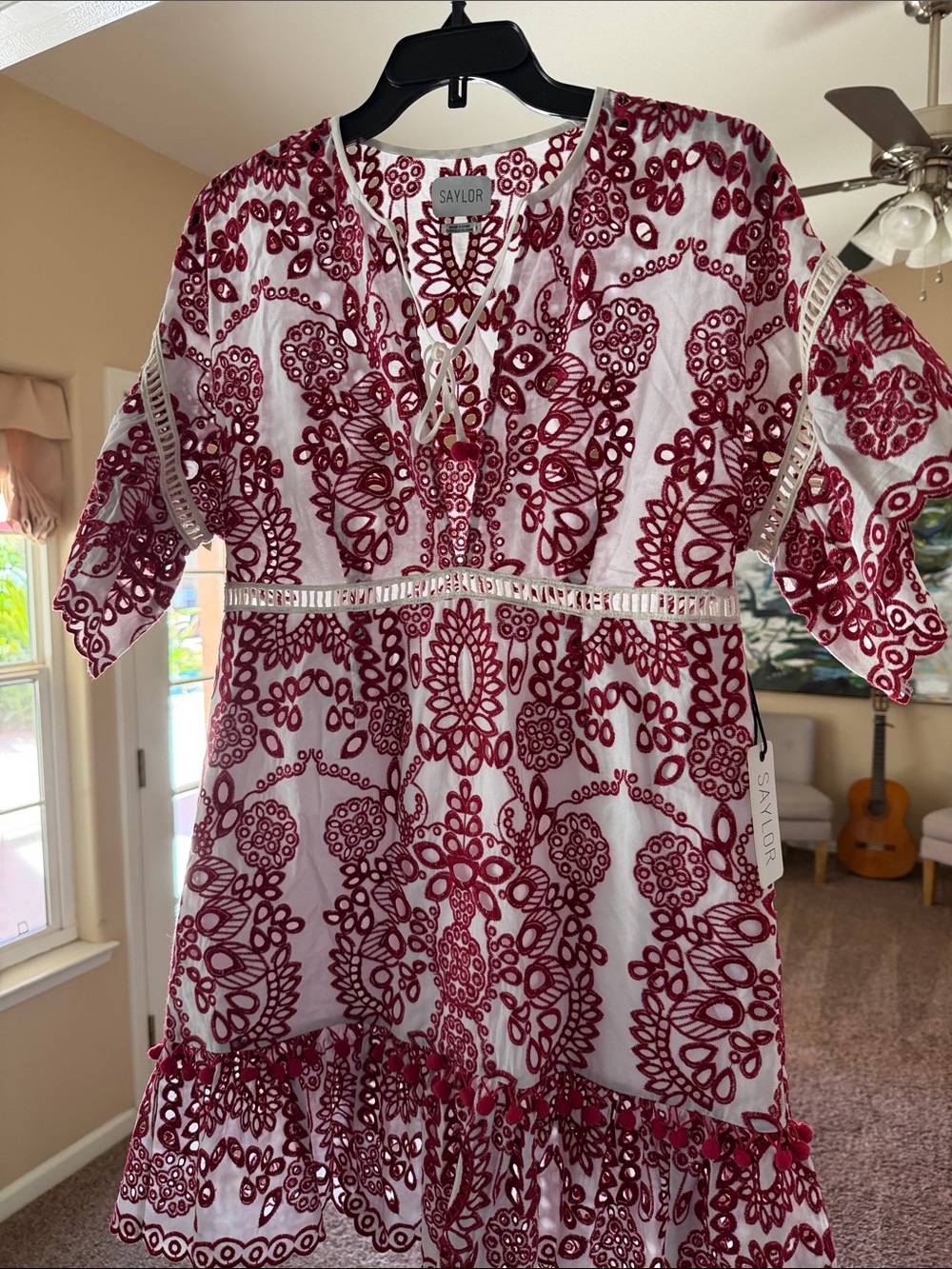 SAYLOR White Dress with Burgundy Embroidered Detail